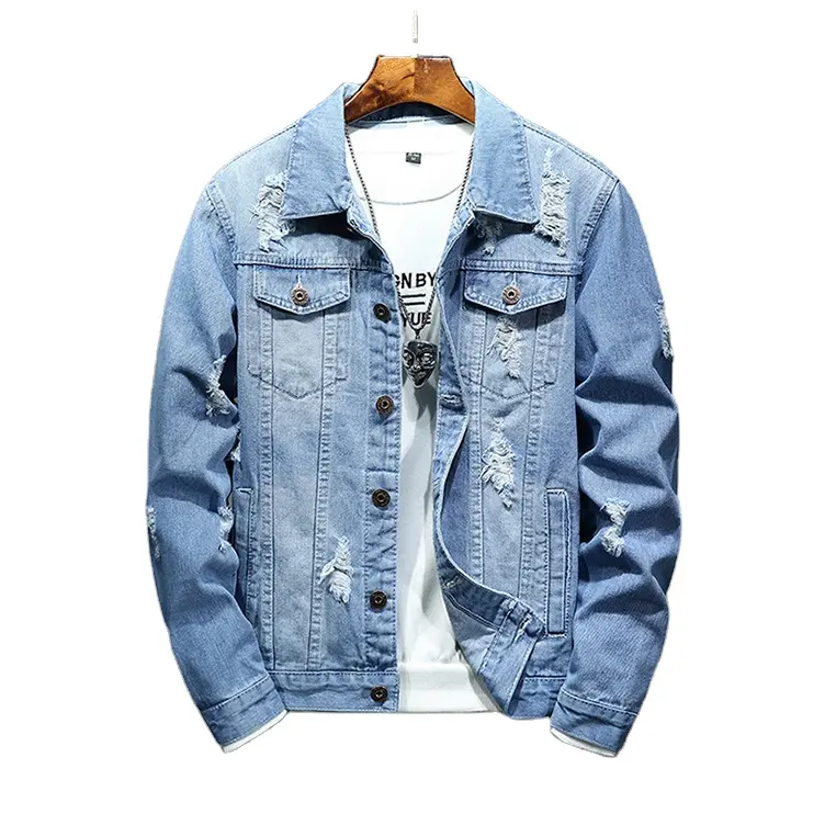 New men's denim jacket fashion four seasons Hollow denim jacket Solid color leisure pilot High quality men's denim jacket