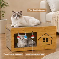 Rumah Penggaruk Kucing dari MDF dan Karton Bergelombang dengan Mainan Bola Interaktif, Perabot Kucing, Tempat Tidur Kucing Dalam Ruangan OEM