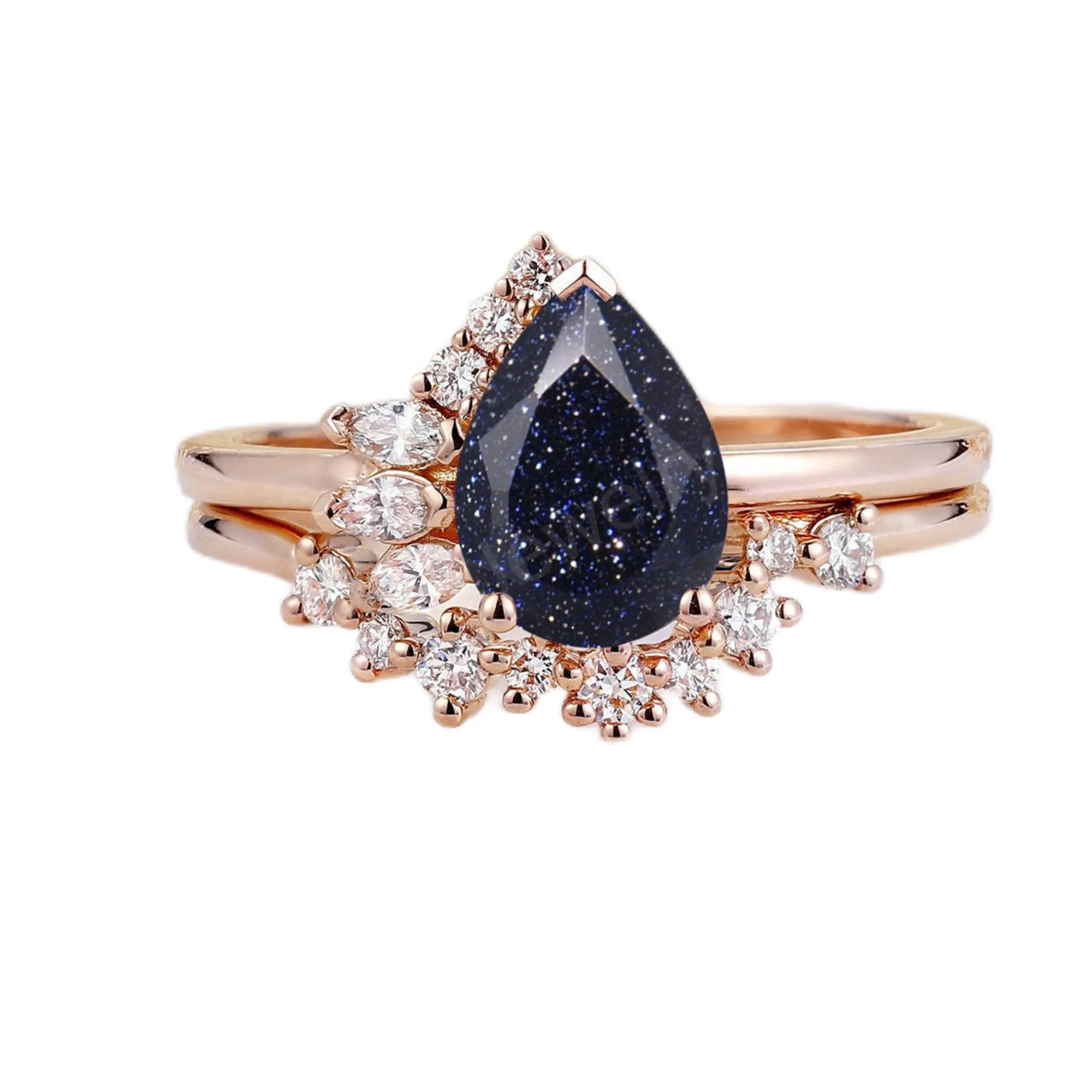 Conjunto de anillo de Plata de Ley 925 con piedra arenisca azul, anillo de boda con corte de pera y circón medio Halo