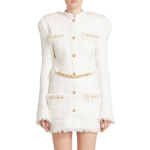 Abito Mini Invernale <span class=keywords><strong>Bianco</strong></span> con Catena, Spalle Imbottite, Maniche Lunghe in Tweed, <span class=keywords><strong>Vestito</strong></span> Casual da Ufficio - Product Image 3