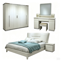 Ensemble de meubles de chambre moderne 5 pièces en MDF : Lit King Size, Armoire, Coiffeuse, Rangement, Capitonnage, Personnalisable