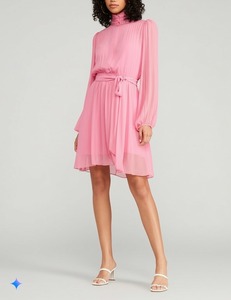 Robe chemise rose en mousseline de soie, col roulé, manches bouffantes, taille ceinturée, évasée, longueur genou, style bureau, streetwear uni, OEM - Product Image 5