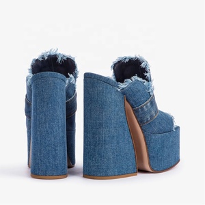 High Chunky Heels Women Thick Platform Peep Toe Denim Sandals Summer on Slippers Jeans <b>Shoes</b> Custom Logo Colors - Product Image 3