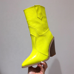 Stone Print Autumn <b>Slip</b>-on Mid-Calf Women Boots Pointed Toe Shoes Wood Grain Chunky Heel <b>Half</b> Knee High Booties for Ladies - Product Image 4