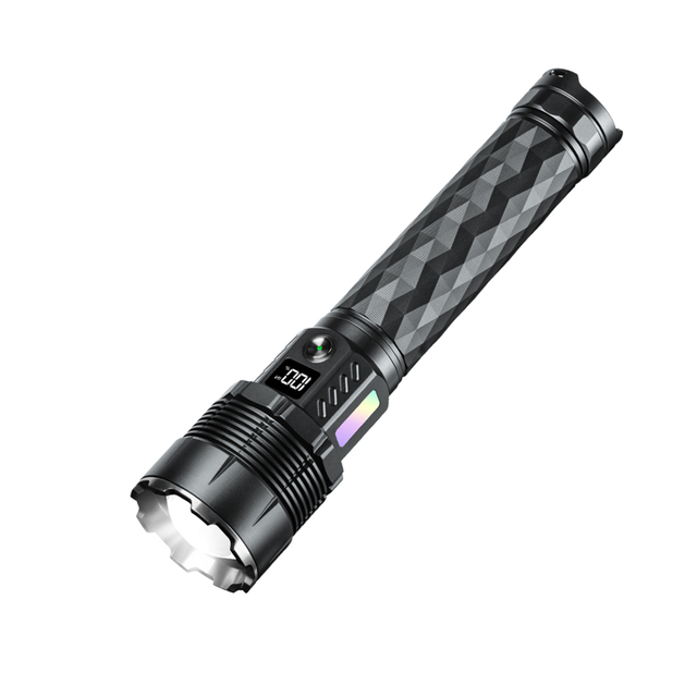 Powerful LED Flashlight 5000 Lumens 1500M Distance Tactical Torch with RGB Side Glow Stepless Zoom 32140 Battery Searchlight