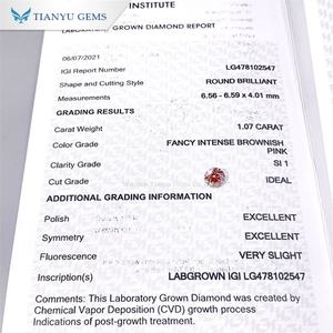 Tianyu Gems Creado Cvd Diamond Lab Grown 1.07ct Fancy Intenso Marrón Rosa Forma redonda Color Lab Diamond - Product Image 4