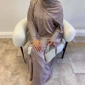 Abito Ramadan alla Moda di Dubai in Tessuto Nida con Ricami Floreali Arabi, <span class=keywords><strong>Abaya</strong></span> Aperta Modesta, Fornitura Diretta dalla Fabbrica Yibaoli - Product Image 3