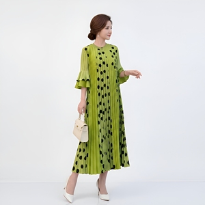 Nouvelle Robe Plissée Miyake Élégante et Décontractée Mi-<span class=keywords><strong>Longue</strong></span> pour Femme, Manches à Volants, Ourlet Plissé, Motif à Pois, Collection Été 2026 - Product Image 1