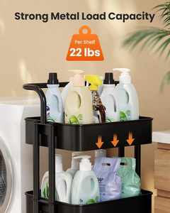White Foldable Kitchen Bathroom Living Room 3-Tier Metal <b>Rolling</b> Storage Utility <b>Cart</b> with Wheels & Hanging Cups & Hooks - Product Image 3