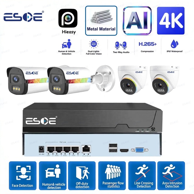 4K IP67Security Camera System Outdoor with Human Detection Two Way Audio 4CH AI POE IP Camera NVR AHD Kit P2P Free Remote Access