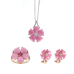 18k Rose Gold Pink Lucky Flower Clover Pendant Necklace Earrings Ring Silver Jewelry Set