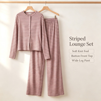 Set Piyama Wanita Bergaris Kancing Depan Atasan Lengan Panjang Celana Kaki Lebar Bahan Katun Bambu untuk Musim Semi Gugur