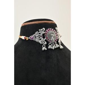 Flowered Oxidised Chik Set Tibetan <b>Silver</b> <b>Choker</b> Necklace With Red Beads And Cubic Zirconia For Women Wedding Jewelry Boho Style - Product Image 3
