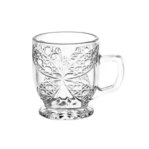 Hot Selling Engraved Ice Flower Glass Tea Cup Set 6PCS 5oz British Delicate Afternoon Milk Coffee Mug Copa Taza De Te Cafe Leche