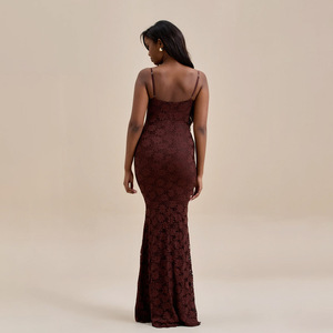 Vestido largo ajustado de encaje con escote festoneado y espalda descubierta para mujer, color liso, poliéster, origen Yiwu FDC1377 - Product Image 4