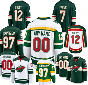 เสื้อฮอกกี้น้ำแข็ง Minnesota Wild แบบสั่งทำพิเศษ ปักลาย # 97 คาปริซอฟ # 12 โบลด์ลี่ # 7 ฟาเบอร์ ยูนิเซ็กส์ ระบายอากาศได้ดี พิมพ์ลายด้วยเทคนิคการถ่ายเทความร้อน - Product Image 1