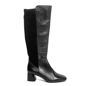 Simple PU cuir noir grande taille bottes hautes fête femmes chaussures bas bloc talon