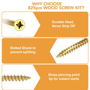 Tapping Screws 825pcs Set Carbon Steel Countersunk Head Phillips Wood Screws Imperial Size - Product Image 5