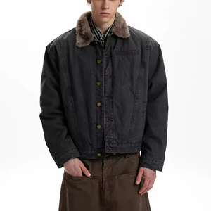 Veste d'hiver chaude doublée en toile épaisse avec col en fourrure, coupe ample et carrée, style cargo vintage pour homme - Product Image 5