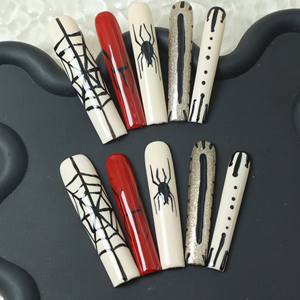 Uñas postizas de lujo de acrílico rosa, estilo ataúd largo, hechas a mano, con cobertura completa y pedrería dibujada a mano, precio de fábrica. - Product Image 1