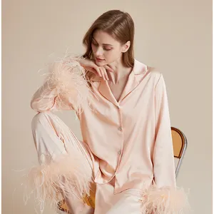 Lady Girls Wholesale Fashion Custom Luxury Feather Modal Pajamas Sleepwear Silk Pajamas For Women Set