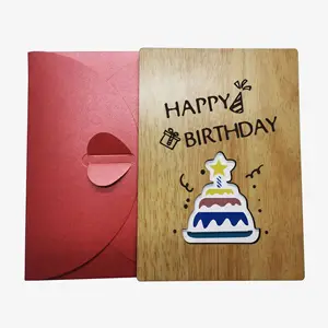 Carte de vœux d'anniversaire pliante en bambou, décoration artisanale en bois, carte de vœux naturelle sculptée au laser, vente en gros