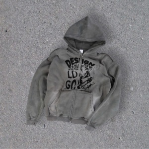 Custom Streetwear Washed Hoodies Mens Print Logo 450gsm Fleece Vintage Distressed Zip up Hoodie - Product Image 1