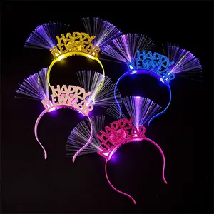 Wholesale 2023 Happy New Year Headband Led Optical Fiber Light Up Glowing Christmas Party Supplies