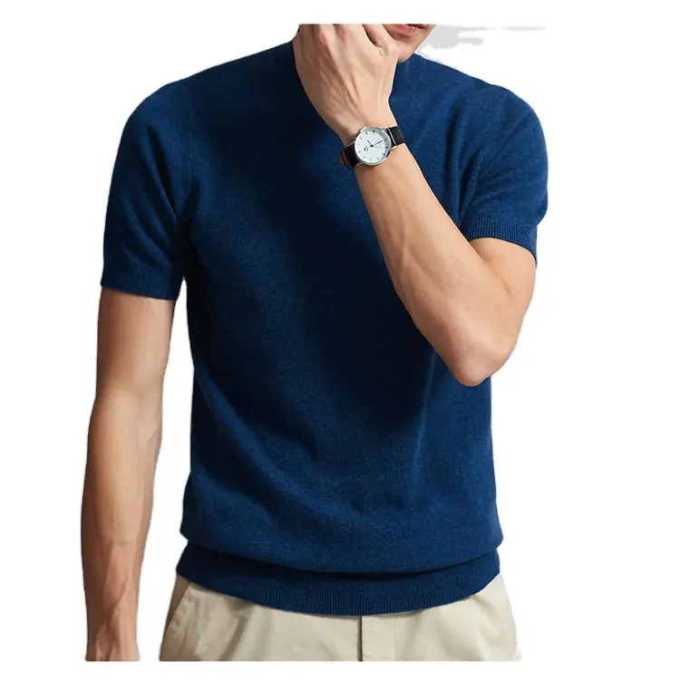 Kısa kollu Mock boyun T-shirt erkekler için % 10% kaşmir % 90% pamuk örme kazak.
