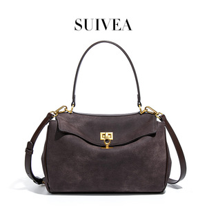 Suede <b>Shoulder</b> <b>Bag</b> With Lock Closure Vintage Style For Daily Use 50-65cm <b>Strap</b> Length Two Handles Large Capacity Women's Handbag - Product Image 2