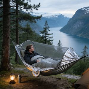 Hamac <span class=keywords><strong>de</strong></span> randonnée ultraléger avec poche <span class=keywords><strong>de</strong></span> rangement intégrée et moustiquaire minimaliste, tout en nylon ultra compact - Product Image 2
