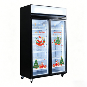 Vitrine réfrigérée à deux portes vitrées, corps noir mat, avec boîte lumineuse publicitaire vierge au dessus, pour café, bar, aménagement de magasin moderne - Product Image 1