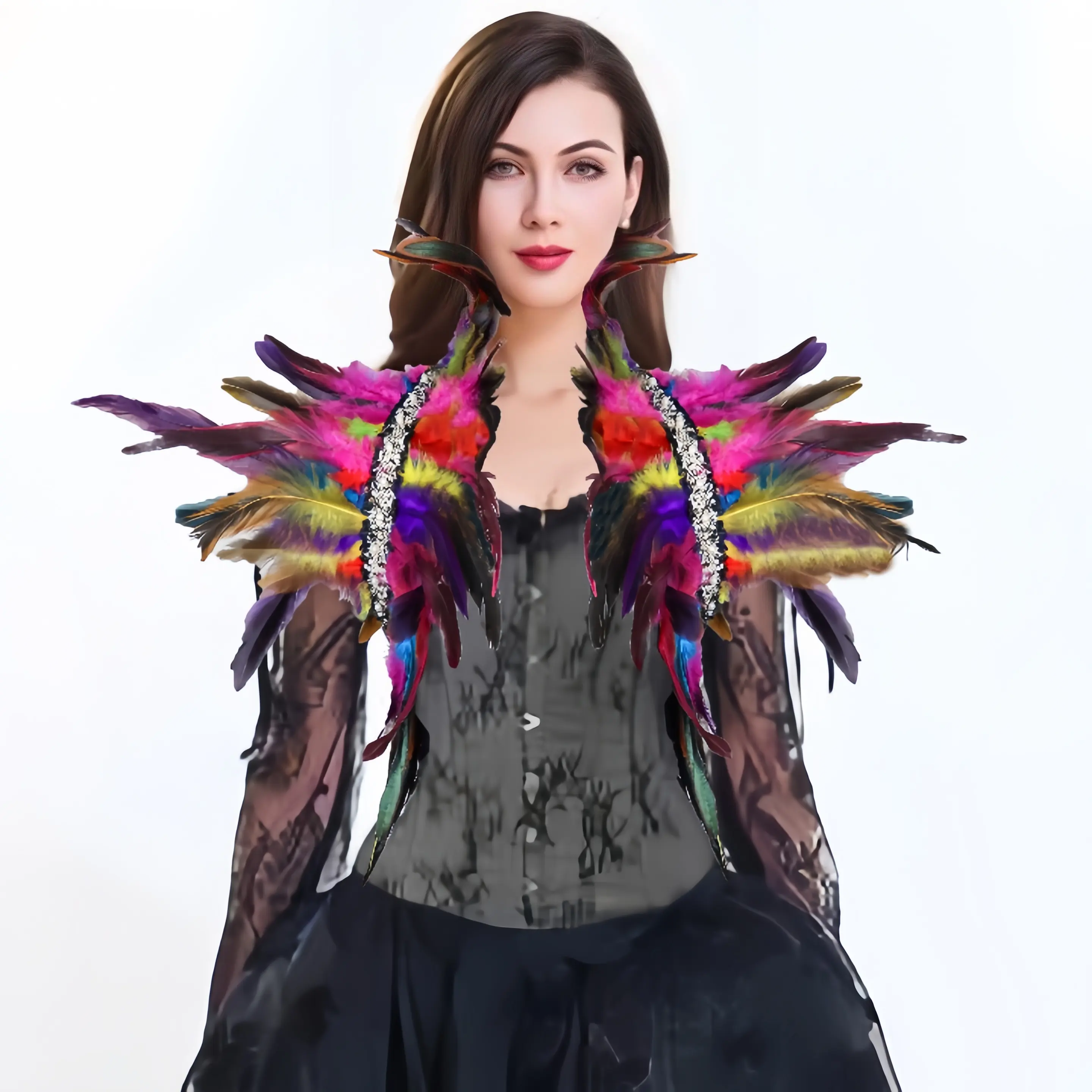 Cape châle en plumes de style gothique avec décoration en plumes de coq pour la fête, la danse et la performance