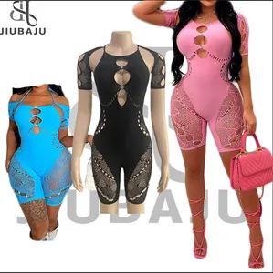 Spitze durchsichtig schwarzen Bodysuit Frauen Strass Hollo Out Jumps uit Sexy Party Night Clubwear