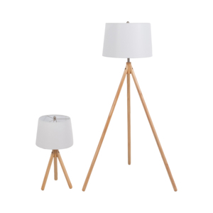 Lampada da terra e da tavolo in legno con paralume in lino per camera da letto, soggiorno e illuminazione da comodino - Product Image 3