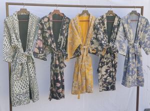 Bohème fait à la main Kantha matelassé à la main coton imprimé vestes Kimono peignoir Style longue poche bord brut bord libre vestes - Product Image 2