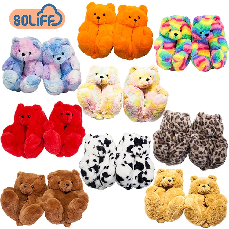 New arrivals fuzzy indoor teddy bear slippers all color women plush slipper