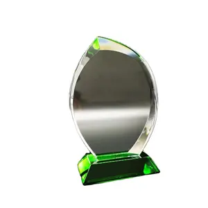 高品质K9空白块玻璃叶形椭圆形水晶奖奖杯，黑色底座