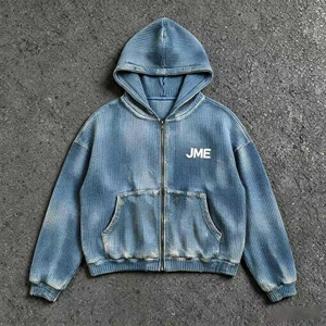 เสื้อฮู้ดดี้ผ้าคอตตอนแบบหนาพิเศษทรงโอเวอร์ไซส์ ซิปหน้า ลายวาฟเฟิล  แบบวินเทจ  ฟอกสีแบบแอซิดวอช สำหรับผู้ชาย - Product Image 2