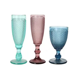 Customize Drinking Glassware Wedding Vintage Embossed Wine Glass Blue Colored Wine Glass Set