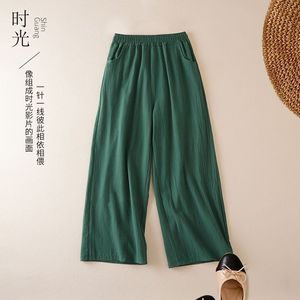 Summer Cotton Linen Cropped Wide Leg Pants With Pockets Loose Fit Breathable Casual Women's Trousers Orange - Product Image 3