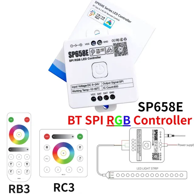 600Pixel SP658E Smart SPI RGB LED Controller Addressable Strip Light Signal APP Dimmer/RF Remote Control DC5V 12V 24V