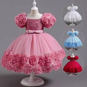 New summer Girls' 1-8 Year Old Round Neck Trail Party Dress with pink Sequin Bubble Sleeves Princess Dress Suitable for Kid
