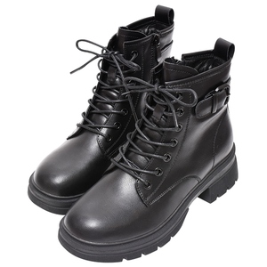 Bottines en cuir pour femmes à lacets avec bout rond et nettoyeur de talon intégré - Product Image 1