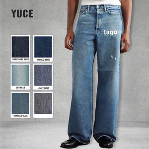 थोक पुरुषों के अनुकूलित लोगो ओएम विंटेज वॉश चौड़े पैर सीधे जींस ढीली फिट भारी डेनिम बैगी जींस - Product Image 2