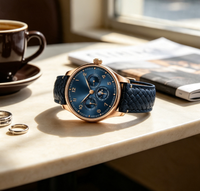 Montre-bracelet automatique chronographe de style luxueux pour homme, cadran bleu rond, bracelet en cuir