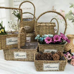 Wicker <b>Flower</b> Baskets Handheld <b>Rectangular</b> Weaved Straw Plant <b>Pots</b> Decorative Gift Basket For Home Garden - Product Image 2