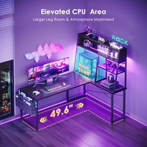 Bureau de jeu moderne en métal avec étagères de rangement et éclairage LED, finition noire, table de travail multifonctionnelle pour ordinateur - Product Image 5