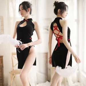 Yüksek kalite Hollow Out siyah kadife çin seksi kız Cheongsam Qipao seksi Lingeries