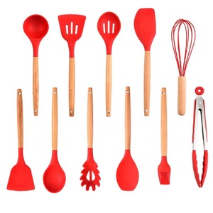 12pcs <b>Kitchen</b> Utensil Set <b>Red</b> Silicone Wooden Spoons Ladle Spatula Eco-Friendly Home Cooking <b>Accessories</b> with Holder - Product Image 4
